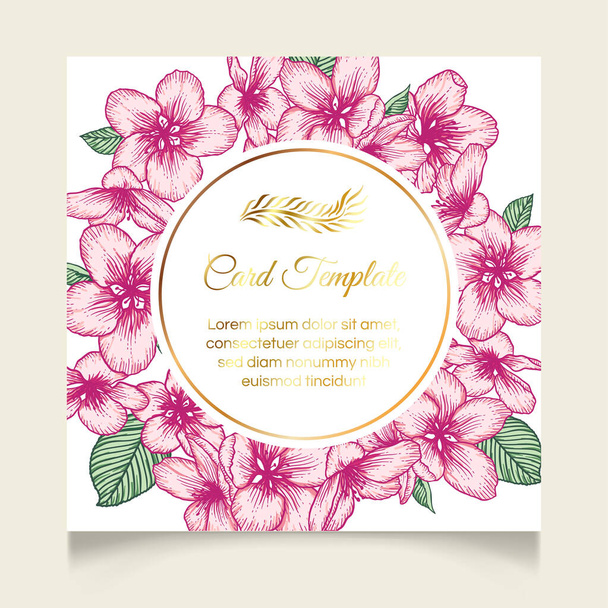 Vector botanical floral wedding invitation elegant card template with pink apple flowers and round golden frame. Romantic design for greeting card, natural cosmetics. - Vector, Imagen