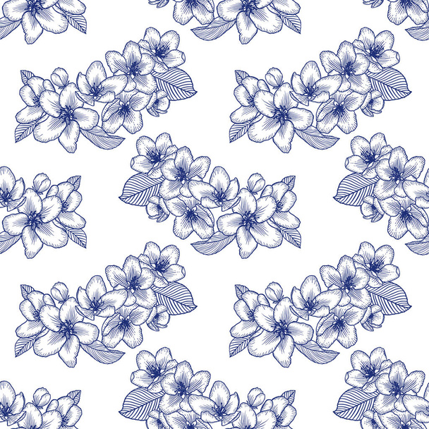 Beautiful seamless monochrome floral blue and white pattern with apple flowers. Nature botanical vector background illustration. Stock graphic design. - Vector, imagen