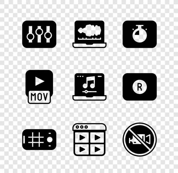 Set Tonmixer-Controller oder Audio-Recorder, Stoppuhr, Selfie mobile, Musik-Wiedergabeliste, Verbot keine Videoaufzeichnung, MOV-Datei und Laptop mit Musik-Symbol. Vektor - Vektor, Bild