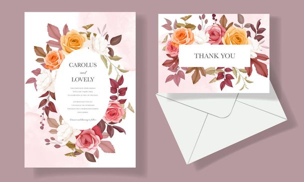 Wedding invitation beautiful hand drawing flower and leaves template set - Vector, Image