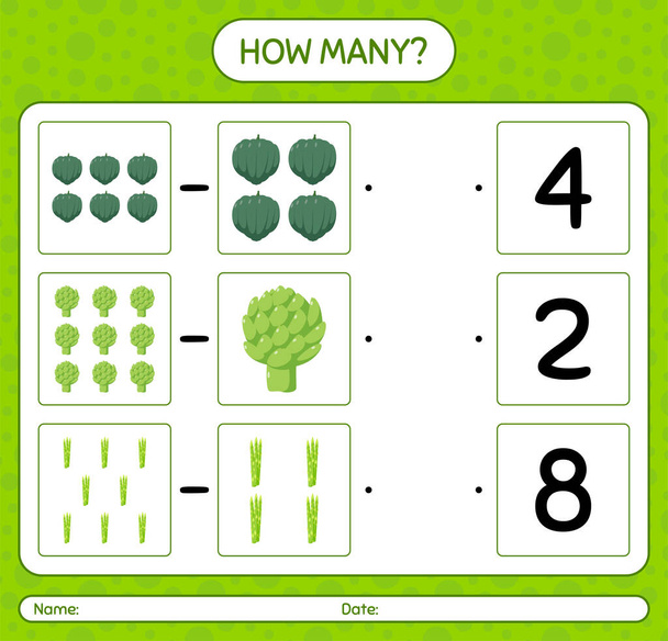 How many counting game with vegetables. worksheet for preschool kids, kids activity sheet, printable worksheet - Vector, Image