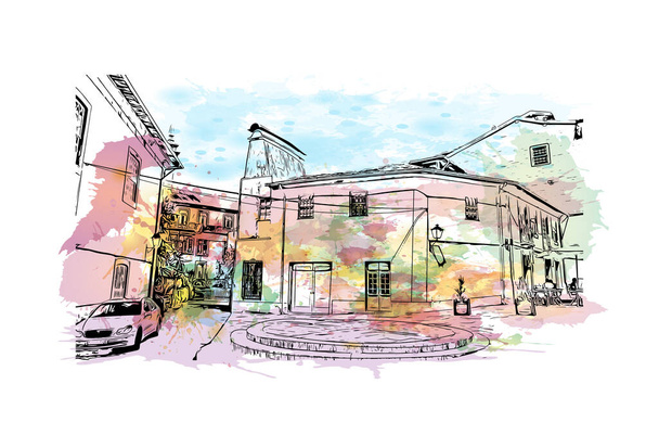 Vytisknout Pohled na budovu s orientačním bodem Guimaraes je město v severním Portugalsku. Akvarel splash s kresbou ručně kreslit ilustrace ve vektoru. - Vektor, obrázek