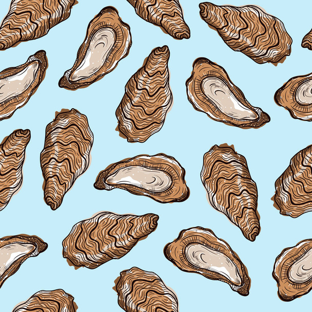 Oysters seamless vector pattern. Open and closed shells of an edible clam on a light background. Colored sketch of food. A seafood delicacy. Hand-drawn ink illustration. Bivalve mollusc. - Vector, Image