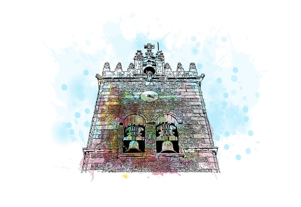 Vytisknout Pohled na budovu s orientačním bodem Guimaraes je město v severním Portugalsku. Akvarel splash s kresbou ručně kreslit ilustrace ve vektoru. - Vektor, obrázek
