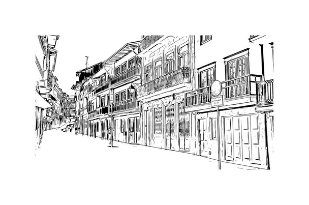 Print Вид на здание с достопримечательностью Гимараеша - город на севере Португалии. Ручной рисунок эскиз в векторе. - Вектор,изображение