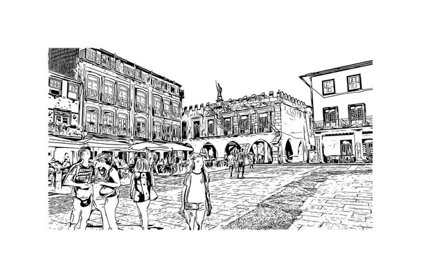 Drukuj Widok na budynek ze znakiem rozpoznawczym Guimaraes to miasto w północnej Portugalii. Ręcznie rysować szkic ilustracja w wektor. - Wektor, obraz
