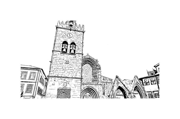 Imprimir Vista del edificio con hito de Guimaraes es una ciudad en el norte de Portugal. Dibuje a mano ilustración de boceto en vector. - Vector, imagen
