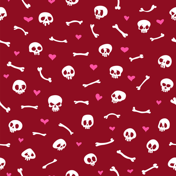 Cartoon Skulls with Hearts on Red Background Seamless Pattern - Vektör, Görsel