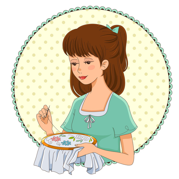 Embroidering girl - Vector, Image