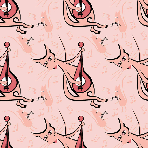 Seamless pattern, endless texture on a square background - cat with guitar and dancing mice - graphics. Party, fun, dancing, music, animals. Design elements. Background for website, blog, wallpaper, textiles, packaging. - Vektör, Görsel