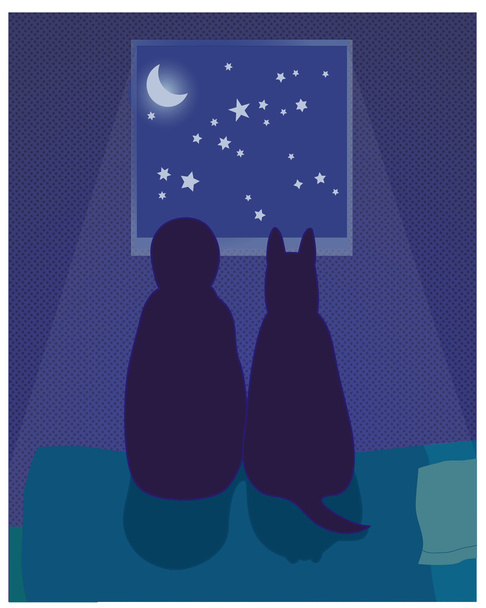 niña y perro mirando el cielo nocturno - Wektor, obraz