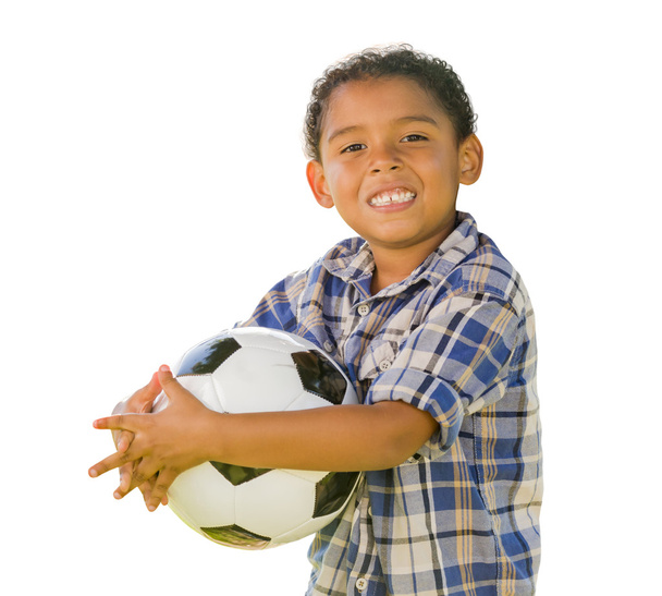 Mixed Race Boy Holding Soccer Ball on White - Foto, Imagen