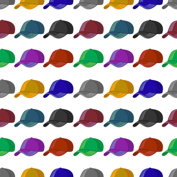 Set of Colored Baseball Caps Isolated on White Background. Sports Seamless Texture - Vector, Image