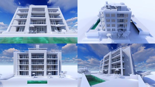 Illustration 3D. Petit condominium fonctionnel avec son propre espace clos, garage et piscine pour se détendre. Rendu 3d. - Photo, image