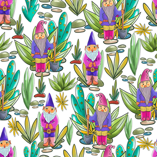 Nursery seamless pattern with gnomes in the magic garden. - Φωτογραφία, εικόνα