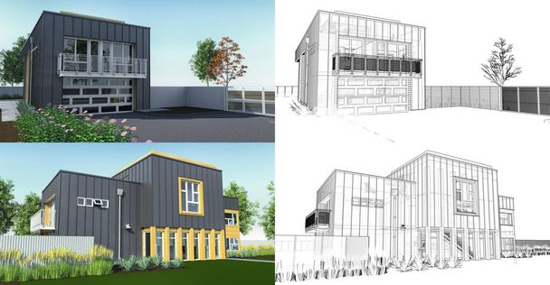 3D-Illustration. Modernes Haus mit Garten und Garage. 3D-Darstellung. - Foto, Bild