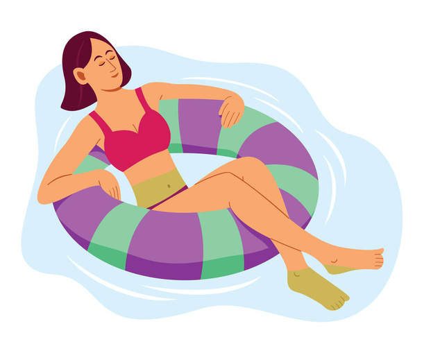 La mujer está disfrutando flotando en el anillo de natación inflable en la piscina para el estilo de vida del verano. - Vector, imagen