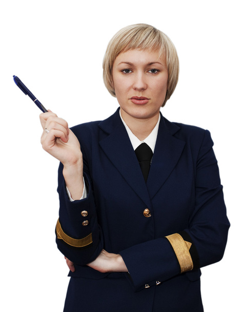 Successful young business woman points to a pen - isolated - Фото, зображення