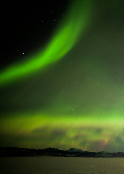 Spectacle vert étincelant d'aurores boréales ou aurores boréales dans le ciel nocturne Scène hivernale du lac Laberge, Territoire du Yukon, Canada - Photo, image