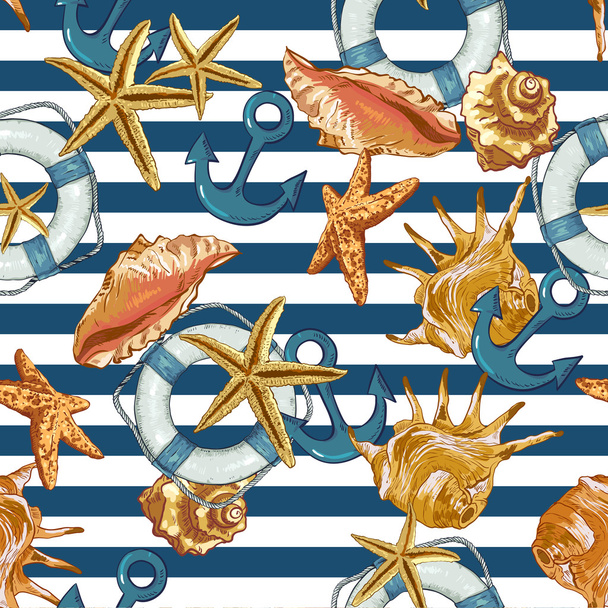 Summer Seamless Pattern with Sea Shells, Anchor - Vector, Image