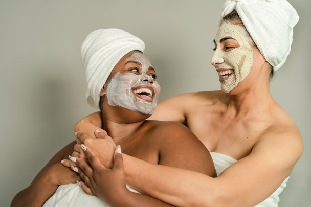 Happy multiracial women with different age and body size having skin care spa day - People wellness lifestyle concept - Photo, Image