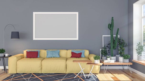Interior de la sala de estar moderna con marco de fotos vacío en blanco en la pared, representación 3d - Foto, Imagen