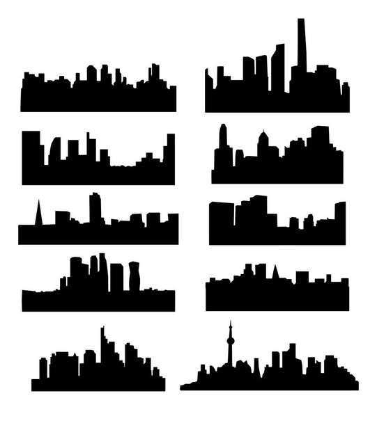 Ciudad en el horizonte, edificios en el centro de la ciudad. Siluetas vectoriales de fondo aislado - Vector, Imagen