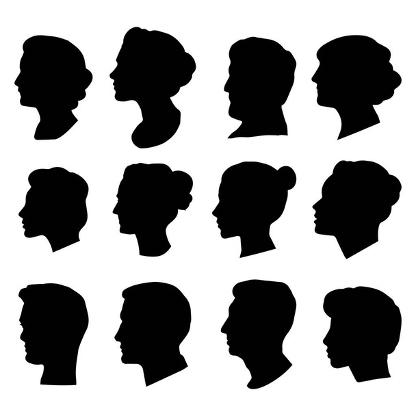 Bir grup insan kafası silueti. Profilde kadın ve erkeklerin vektör siluetleri tasvir edildi. İzole arkaplan EPS 10. - Vektör, Görsel