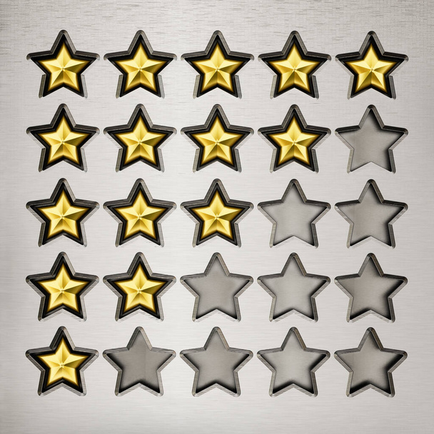 Rating stars table with 5,4,3,2,1 stars. 3D illustration. - Foto, afbeelding