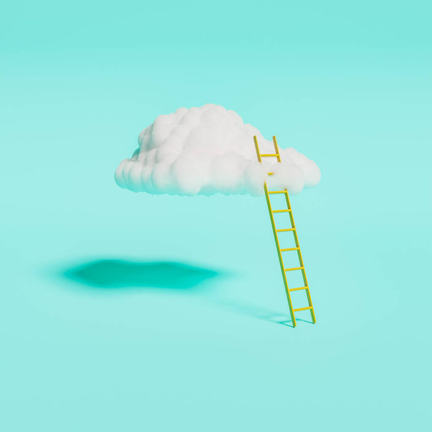 cloud with yellow Ladder leaning on it on pastel background. minimal concept. 3d render - Foto, Imagem