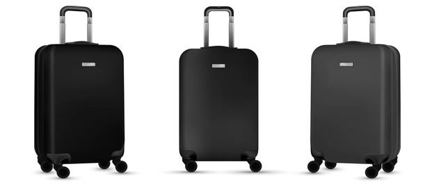 Poggyász elkülönítve. Állítsa ezüst utazási műanyag bőrönd vagy nyaralás táska fehér alapon. Nyári vakáció és termékreklám koncepció. - Vektor, kép