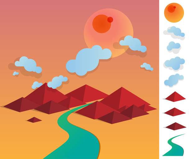 Illustration of geometric landscape with river betwen hills - Vector, imagen
