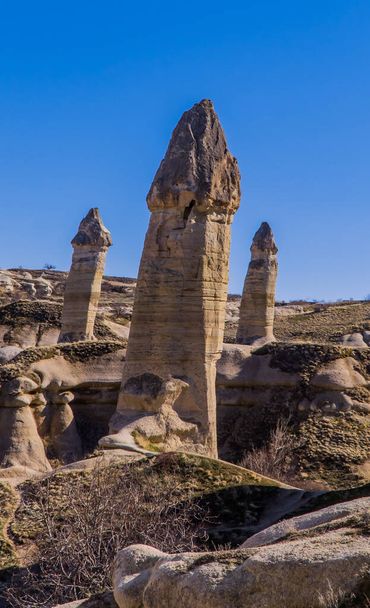 Vue verticale de formations rocheuses inhabituelles en forme de parties génitales masculines dans la Love Valley près de Goreme, en Cappadoce, en Turquie - Photo, image