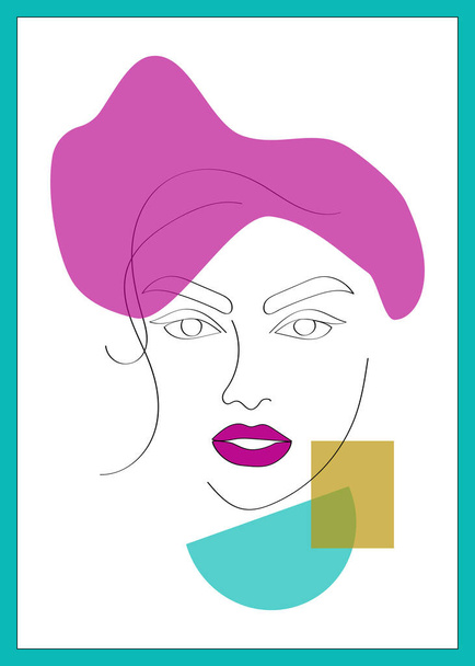 Female face one line drawing with minimal shapes, curved lines. Woman portrait with illustration for fashion design. Abstract minimal drawing of young girl - Vector, afbeelding