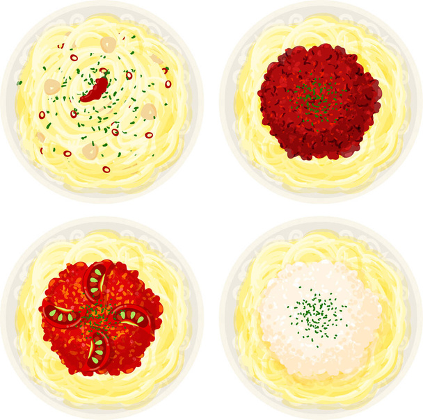 Иконы различных вкусных макарон, таких как пеперончино и мясной соус и томатный соус и белый соус - Вектор,изображение