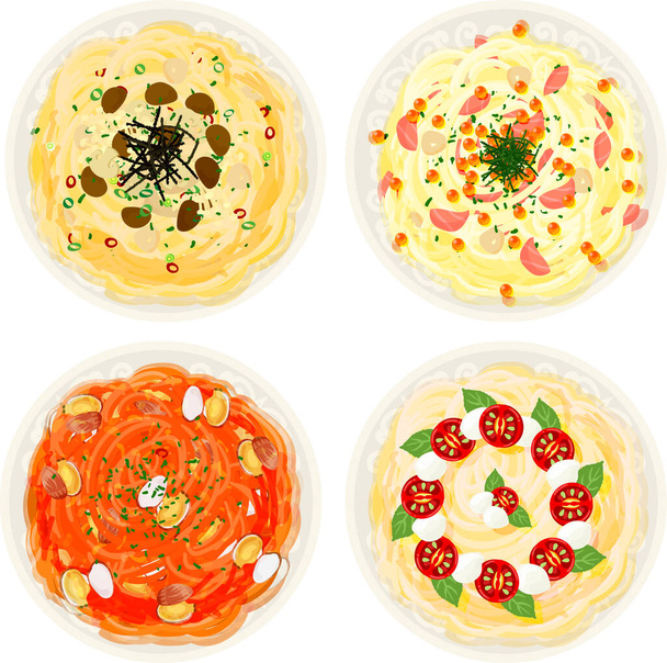 De iconen van verschillende heerlijke pasta zoals champignons en zalm en zalmkuit en vongole en caprese - Vector, afbeelding