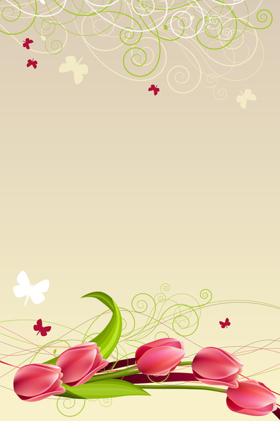 Spring frame with tulips, butterflies and swirls - Vector, afbeelding