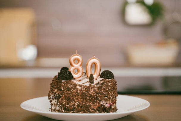 Birthday cake with candles, celebration for 80 years anniversary - Φωτογραφία, εικόνα