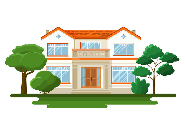 Modern cottage, front view. Home facade with a balcony, doors and windows. Vector illustration of abstract architecture. Flat design. - Vector, Image