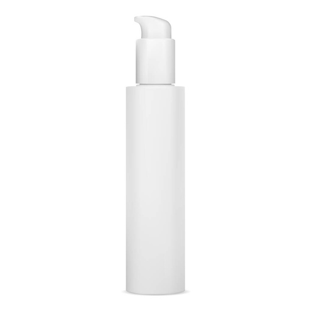 Pumpflaschen-Attrappe. Weiße Kosmetiklotion Paket. Gesichtsserum-Spenderbehälter, isoliert auf weißem Hintergrund. Reinigung Foundation Flüssigkeit Pressflasche - Vektor, Bild