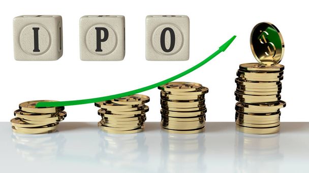 Green arrow pointing upwards lies on pillars of gold-plated coins with a dollar sign on the background of cubes with the inscription IPO. 3D rendering. Blank for design. Success concept. Layout. Isolated. - Photo, Image