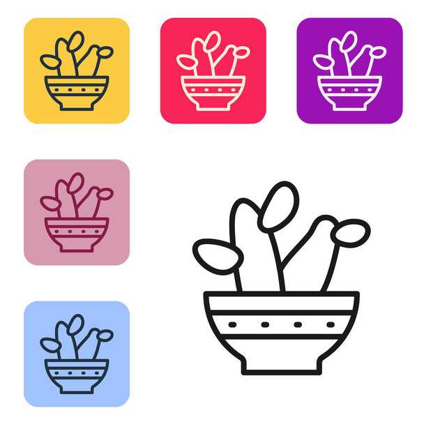 Black line Cactus peyote in pot icon isolated on white background. Plant growing in a pot. Potted plant sign. Set icons in color square buttons. Vector - Wektor, obraz