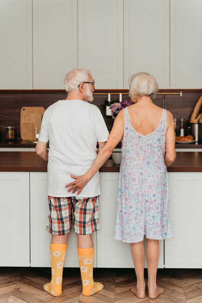 Pareja de ancianos juntos en casa, momentos felices - Personas mayores cuidándose unos a otros, abuelos enamorados - conceptos sobre el estilo de vida y la relación de ancianos - Foto, Imagen