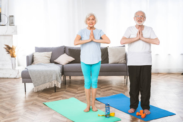 Sportive senior couple doing fitness and relaxation exercises at home - Elderly people training to stay healthy and fit - Foto, Imagem