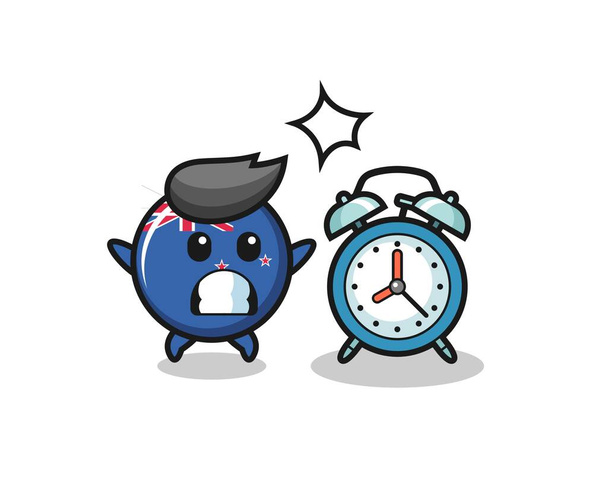 Cartoon Illustration of new Zéland flag badge is surprised with a giant alarm clock, cute style design for t shirt, sticker, logo element - Vektor, obrázek