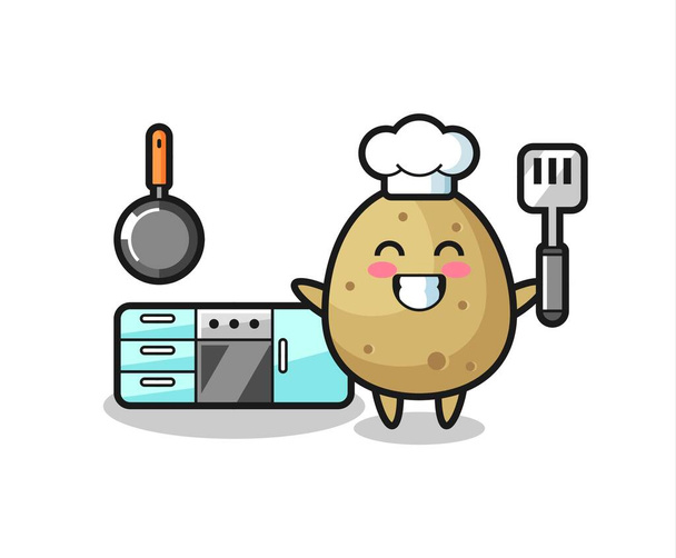 απεικόνιση χαρακτήρα πατάτας ως σεφ μαγειρεύει, χαριτωμένο σχεδιασμό στυλ για t shirt, αυτοκόλλητο, στοιχείο λογότυπο - Διάνυσμα, εικόνα