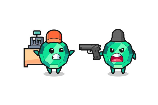 illust of the cute emerald gemstone as a cashier is pointed a gun by a robber, cute style design for t shirt, sticker, logo element - Vector, Imagen
