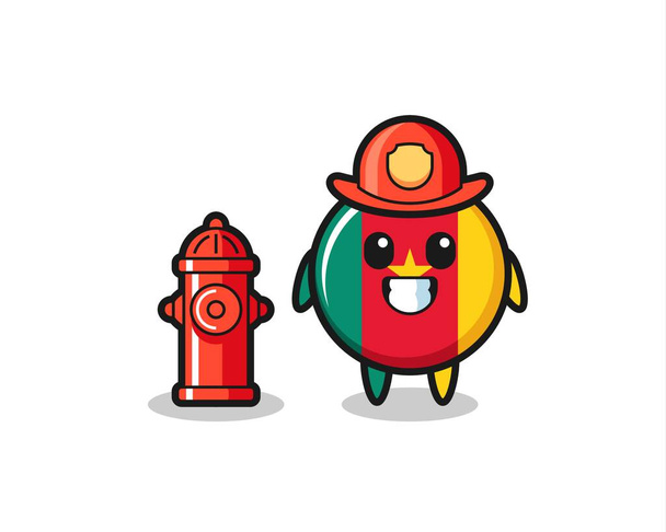 Personagem de mascote de crachá de bandeira de camarões como um bombeiro, design de estilo bonito para t-shirt, adesivo, elemento logotipo - Vetor, Imagem