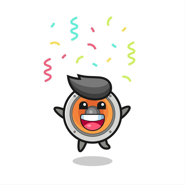 счастливый талисман громкоговорителя прыжки для поздравления с цветом конфетти, милый дизайн стиля для футболки, наклейки, элемент логотипа - Вектор,изображение