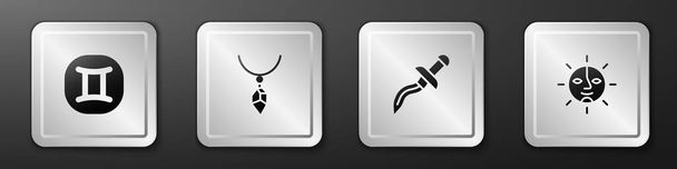 Set Gemini zodiac, Necklace with crystal, Dagger and Sun icon. Silver square button. Vector - Vector, Image